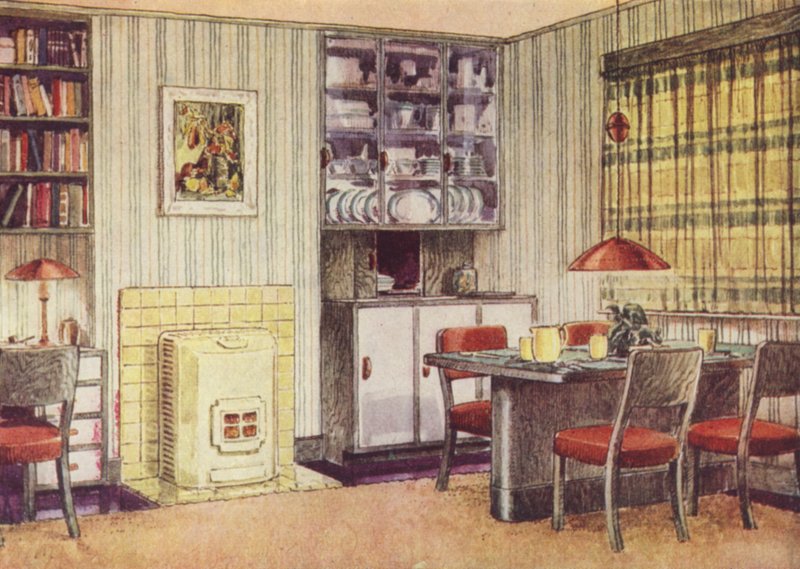 Nappali étkezővel és szilárd tüzelőanyaggal (színes litho) alkotó: English School