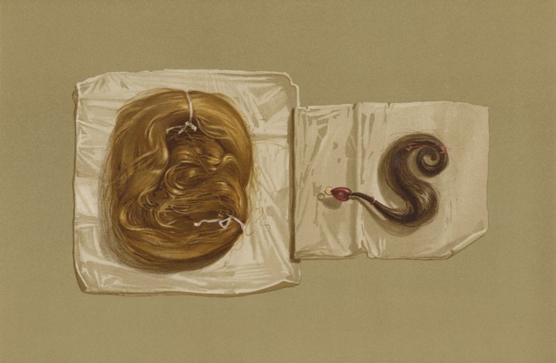 Mária skót királynő hajfürtje, I. Károly király hajfürtje (chromolitho) alkotó: English School