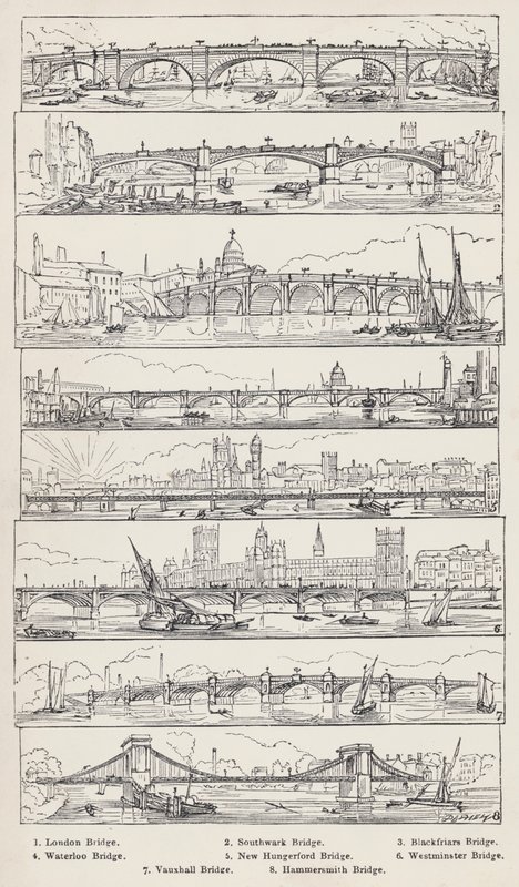 London Bridge, Southwark Bridge, Blackfriars Bridge, Waterloo Bridge, New Hungerford Bridge, Westminster Bridge, Vauxhall Bridge, Hammersmith Bridge (metszet) alkotó: English School