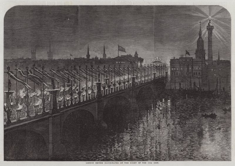 A London Bridge kivilágítása a 10. Inst éjszakáján (metszet) alkotó: English School