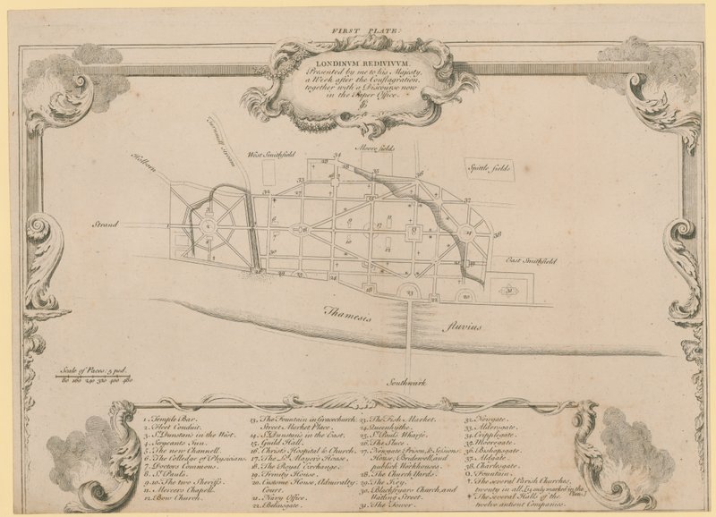 London helyreállította, Sir John Evelyns terve a londoni City újjáépítésére az 1666-os tűzvész után alkotó: English School