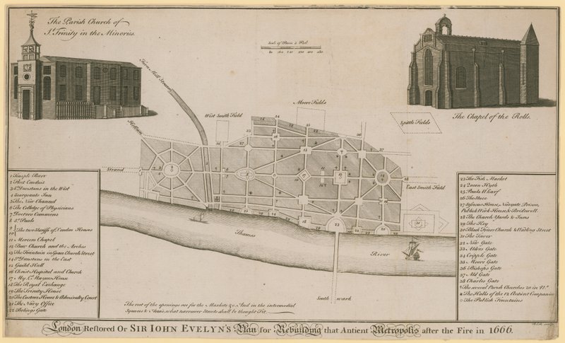 London helyreállította, vagy Sir John Evelyns terve az ősi metropolisz újjáépítéséről az 1666-os tűzvész után alkotó: English School