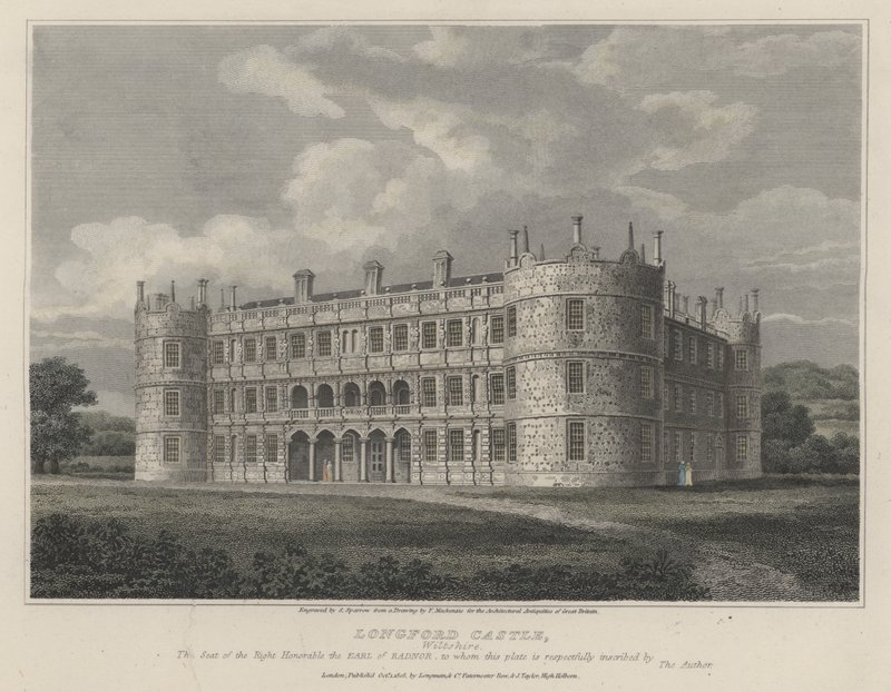 Longford Castle, Wiltshire, Radnor grófjának székhelye (színes metszet) alkotó: English School