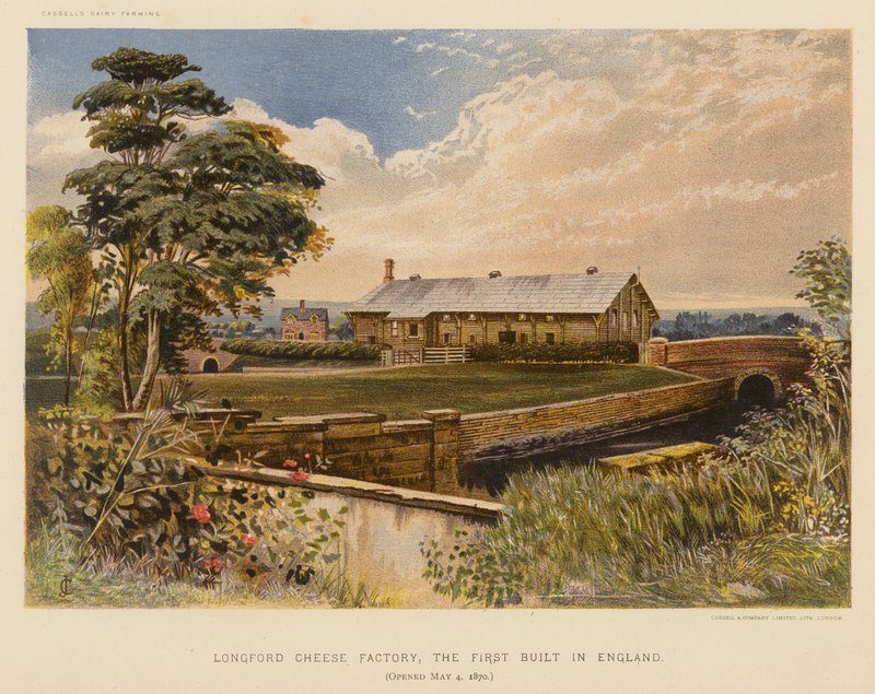 Longfordi sajtgyár, az első Angliában épült sajtüzem, 1870. május 4-én nyitotta meg kapuit (színes lithó). alkotó: English School