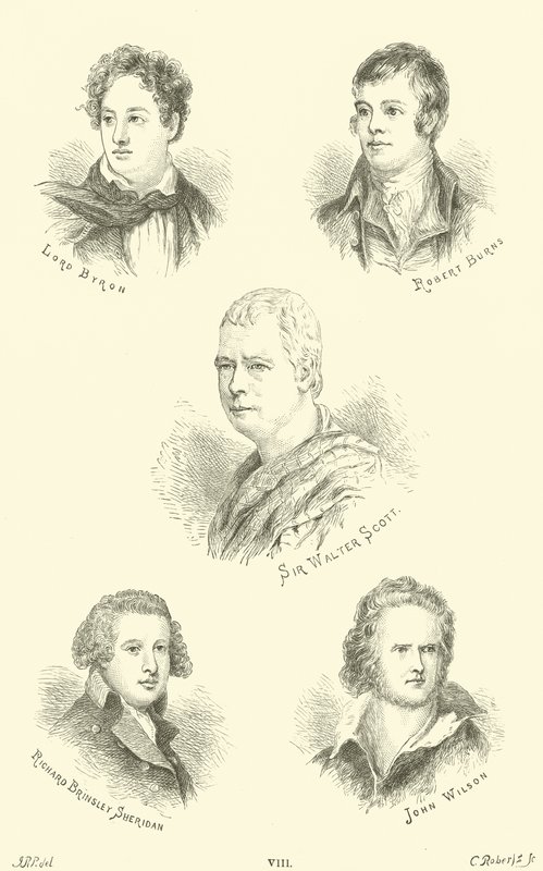 Lord Byron, Robert Burns, Sir Walter Scott, Richard Brinsley Sheridan, John Wilson alkotó: English School