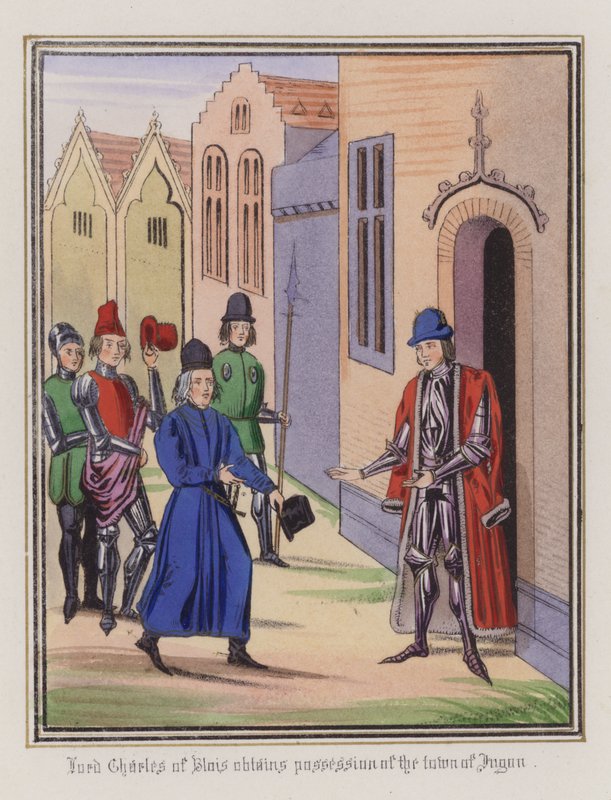 Lord Charles Of Blois birtokba veszi Jugon városát (színes metszet) alkotó: English School