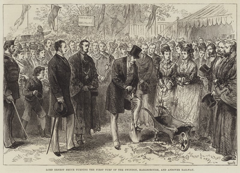 Lord Ernest Bruce megfordítja a swindoni, marlborough-i és andoveri vasút első gyepét (metszet) alkotó: English School