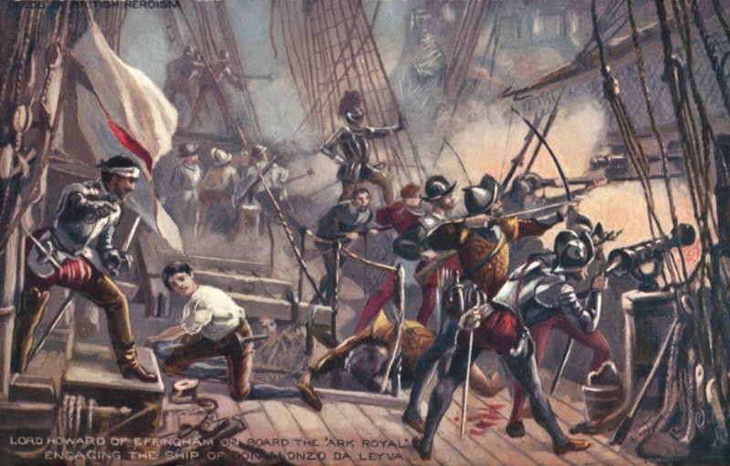 Lord Howard of Effingham a Királyi bárkán, eljegyzi Don Alonso de Leyvát, a spanyol Armada alkotó: English School