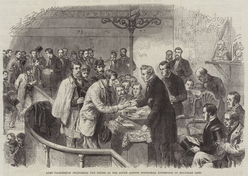 Lord Palmerston átadja a díjakat a dél-londoni ipari kiállításon szombaton (metszet) alkotó: English School