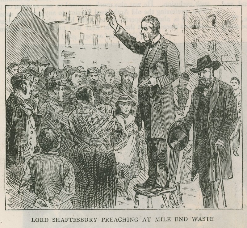 Lord Shaftesbury prédikál Mile End Waste-ban, Londonban alkotó: English School