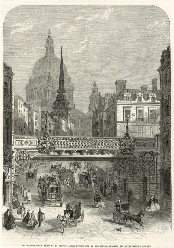 Ludgate Hill, a vasúti híd, amelyet a London, Chatham és Dover Railway Company épít majd alkotó: English School