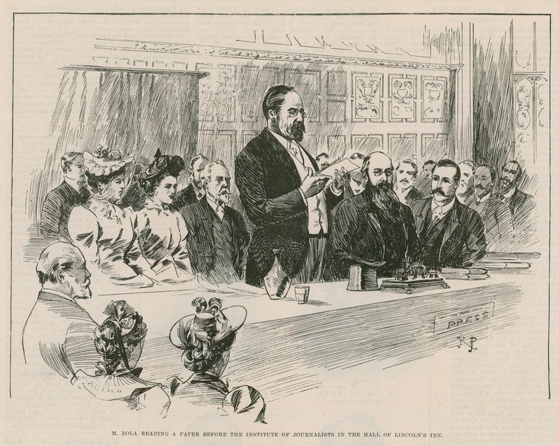 Emile Zola egy újságot olvas az Institute of Journalists előtt a londoni Lincolns Inn halljában alkotó: English School