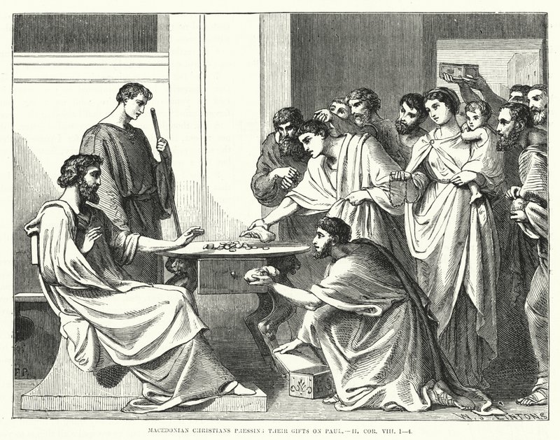 A macedón keresztények Pálra szorítják ajándékaikat, II. Korinthus VIII alkotó: English School