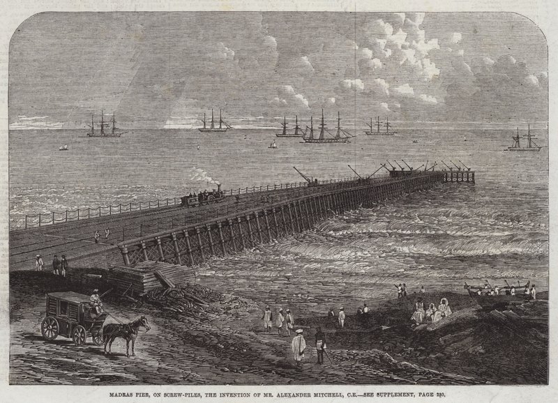 Madras Pier, a csavaros cölöpökön, Alexander Mitchell úr találmánya, CE (metszet) alkotó: English School