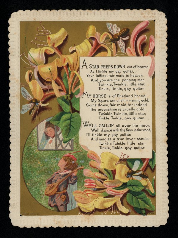 Szerenádozó férfi szeretőjével és loncsal, üdvözlőlap (chromolitho) alkotó: English School