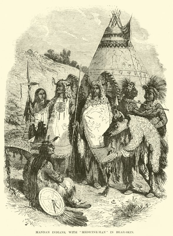 Mandán indiánok, medvebőrben bújt orvos-emberrel alkotó: English School