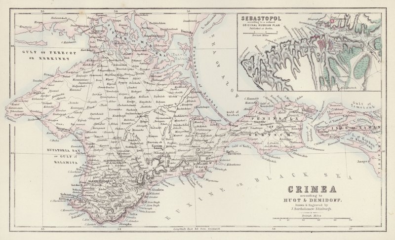 Térkép: Huot és Demidoff szerint, rajzolta és metszette J Bartholomew, Edinburgh; Szevasztopol, a Berlinben kiadott kicsinyített eredeti orosz terv szerint (színes litográfia). alkotó: English School