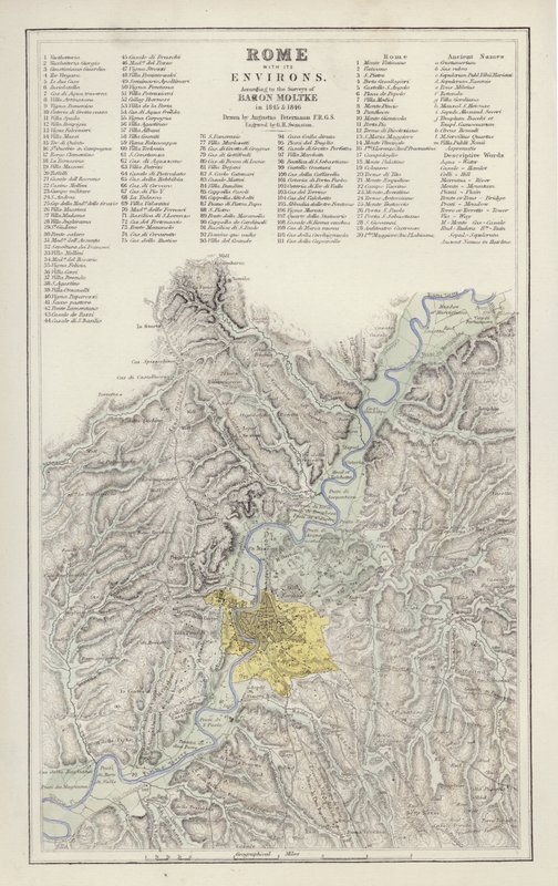 Térkép: Róma és környéke Moltke báró felmérése szerint 1845-ben és 1846-ban, Augustus Petermann rajza (színes litó) alkotó: English School