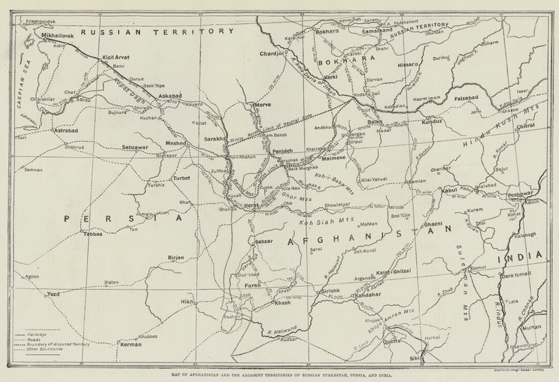 Afganisztán és az orosz Turkesztán, Perzsia és India szomszédos területeinek térképe alkotó: English School
