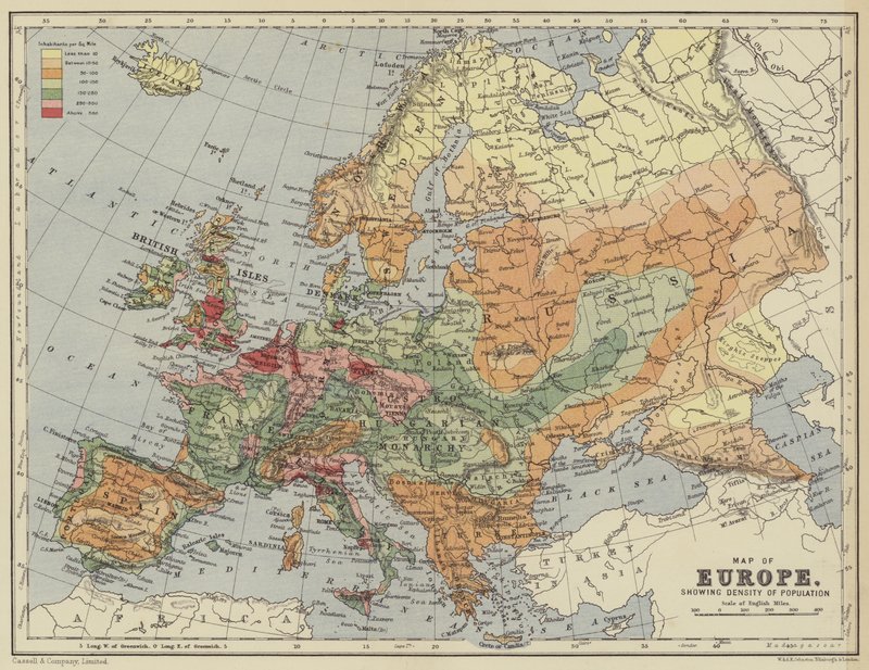 Európa térképe, amely a népsűrűséget mutatja alkotó: English School