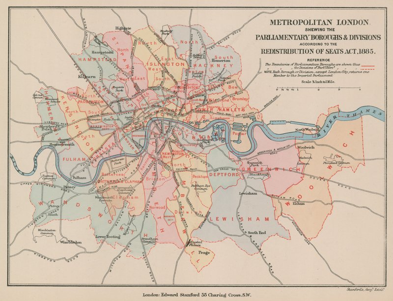 London Metropolitan térképe, amely a parlamenti kerületeket és körzeteket mutatja, 1885 alkotó: English School