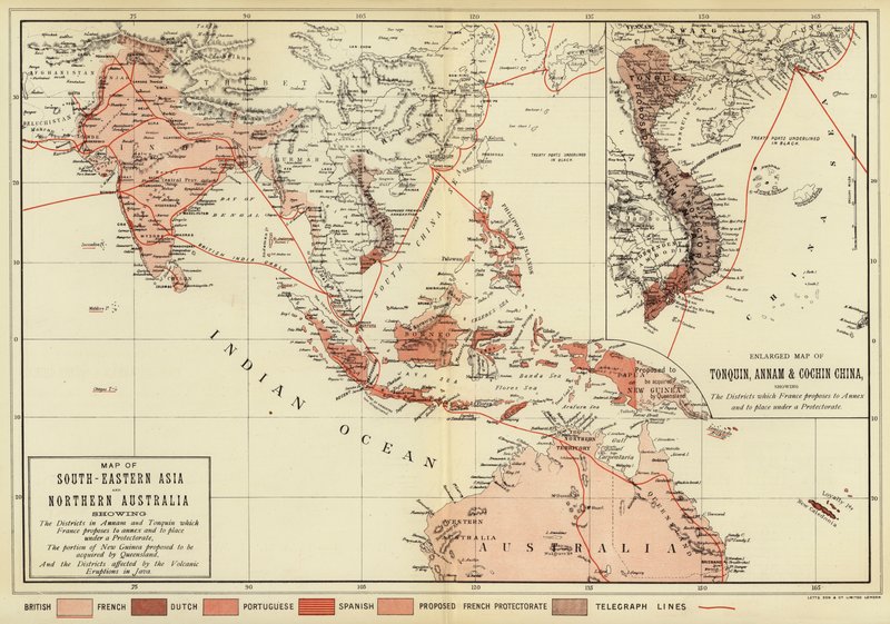 Délkelet-Ázsia és Észak-Ausztrália térképe; Tonquin, Annam és Cochin Kína nagyított térképe (színes kép) alkotó: English School
