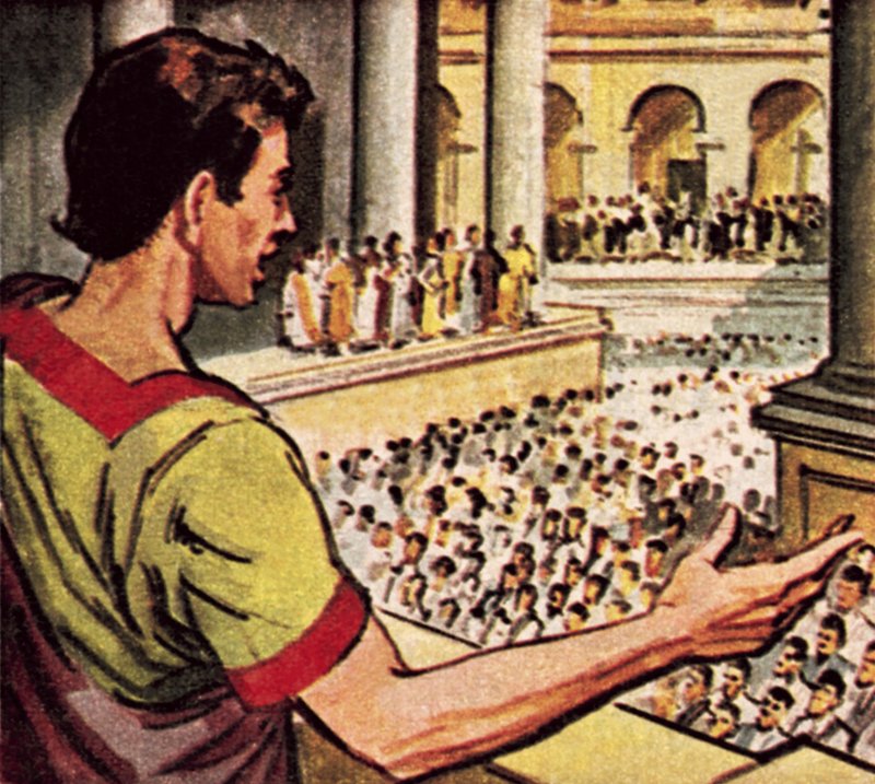 Marcus Antonius a meggyilkolt Julius Caesarról beszél a római népnek. alkotó: English School