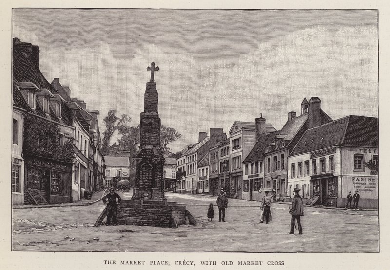 Piactér, Crecy, Franciaország, a régi piackereszttel (litho) alkotó: English School