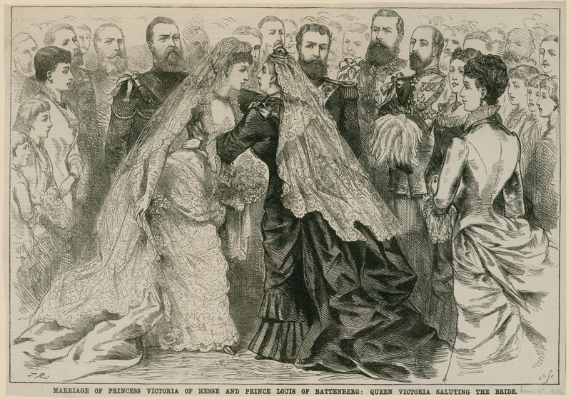 Viktória hesseni hercegnő és Lajos battenbergi herceg házassága, Viktória királynő köszönti a menyasszonyt, 1884. május 16. alkotó: English School