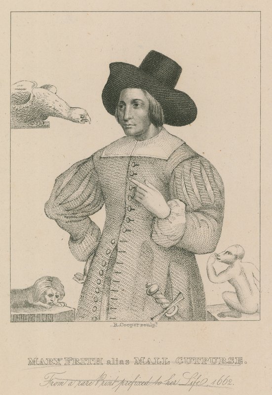 Mary Frith, alias Moll Curpurse, egy ritka nyomtatványból, amely az életét jelöli, 1662 alkotó: English School