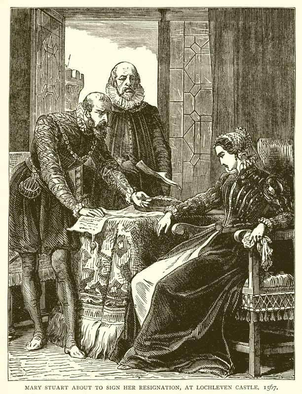 Mary Stuart a lemondásának aláírásáról a Lochleven kastélyban, 1567 alkotó: English School