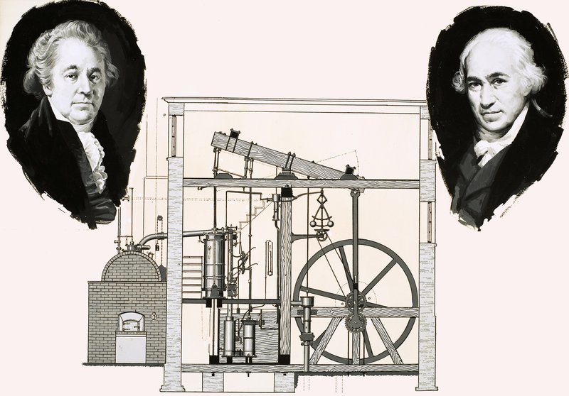 Matthew Boulton és James Watt az egyik szabadalmaztatott gőzgéppel alkotó: English School