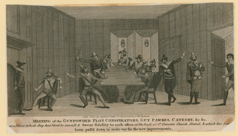 A Gunpowder Plot összeesküvőinek találkozója, Guy Fawkes, Catesby stb alkotó: English School