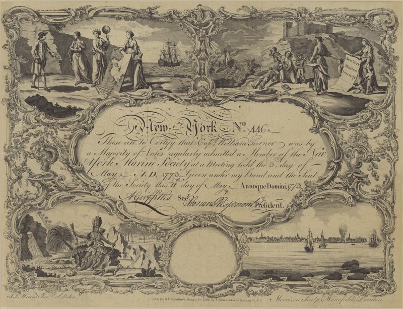 A New York Marine Society tagsági bizonyítványa, 1773 alkotó: English School