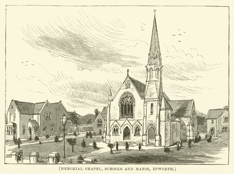 Emlékkápolna, iskolák és plébánia, Epworth (metszet) alkotó: English School