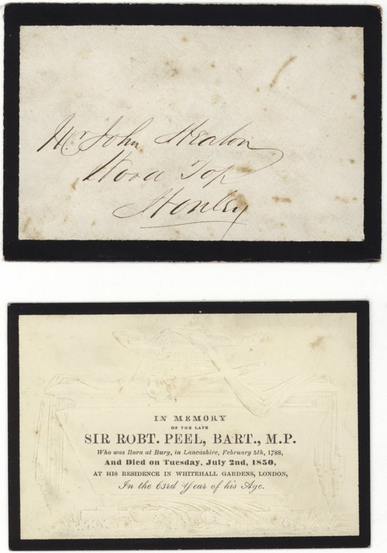 Emlékkártya a néhai Sir Robert Peel emlékére alkotó: English School