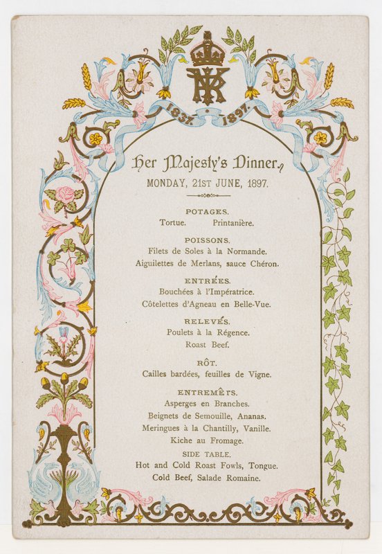 Menü Viktória királynő vacsorájára 1897. június 21-én, hétfőn, gyémánt jubileumát megelőző napon alkotó: English School