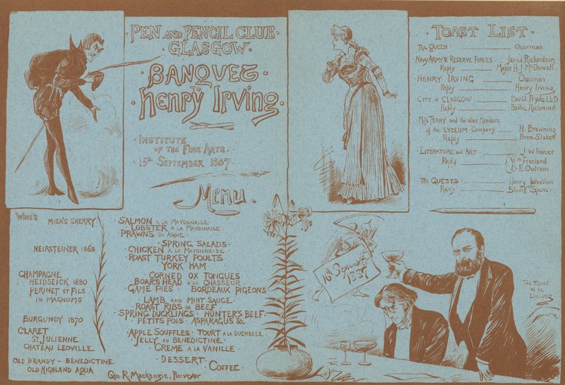 Menü egy bankettre Henry Irving tiszteletére, Pen and Pencil Club, Glasgow, 1887. szeptember 15. alkotó: English School