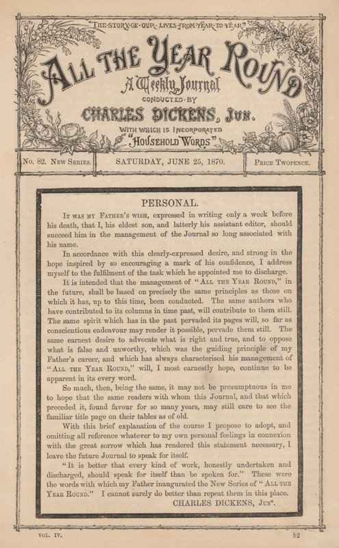 Ifjabb Charles Dickens üzenete az All The Year Round című hetilapban, apja halála után alkotó: English School