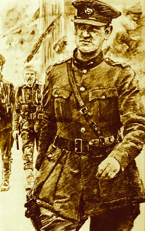 Michael Collins, a lázadók vezetője az 1916-os írországi húsvéti felkelésben alkotó: English School
