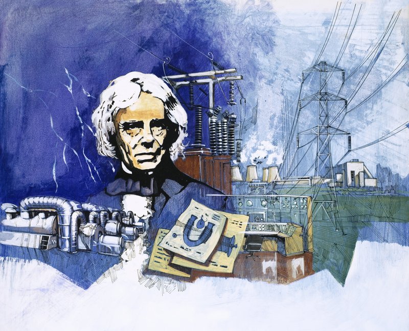 Michael Faraday, háttérben egy elektromos erőművel alkotó: English School