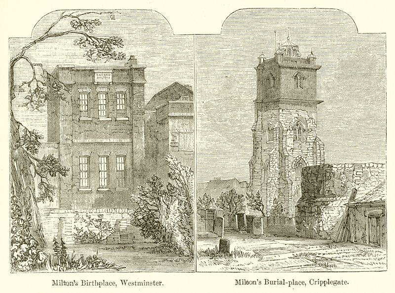 Milton születési helye, Westminster. Milton temetkezési helye, Cripplegate alkotó: English School