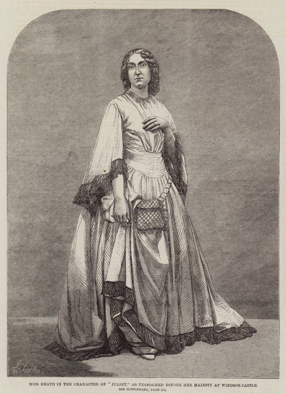Miss Heath a "Júlia" alakításában, ahogy őfelsége előtt a Windsori kastélyban (metszet) alkotó: English School