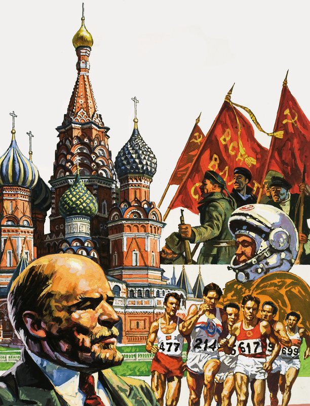 Oroszországi montázs, beleértve a Szent Bazil székesegyházat és Lenin portréját is alkotó: English School