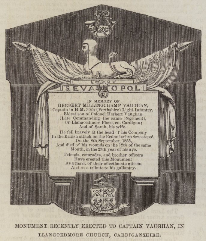 Vaughan kapitánynak nemrég felállított emlékmű a Llangoedmore templomban, Cardiganshire államban (metszet) alkotó: English School