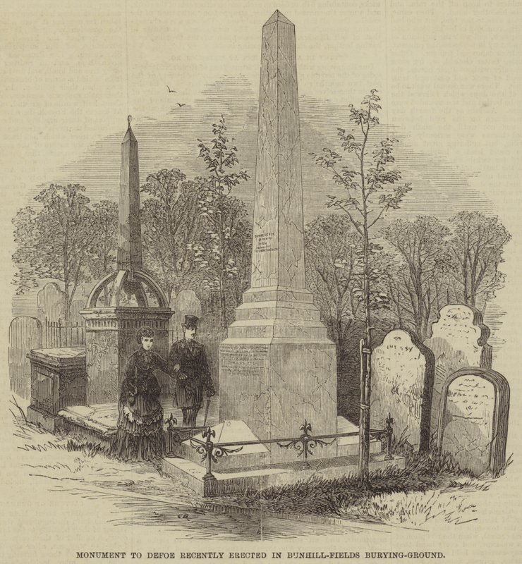 A közelmúltban felállított Defoe emlékműve a Bunhill-Fields Burying Groundban (metszet) alkotó: English School