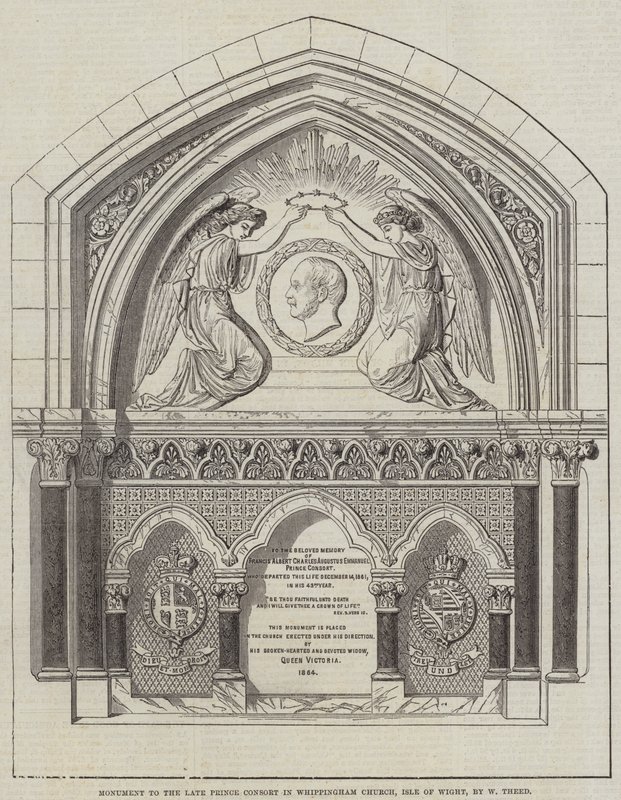 Emlékmű a néhai herceg hitvesének a Whippingham-templomban, Wight-szigeten, W Theed (metszet) alkotó: English School