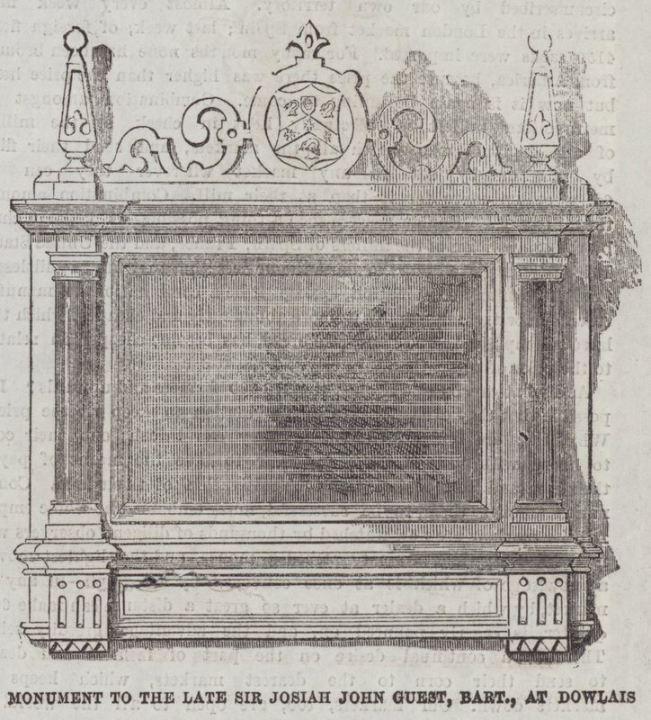 Emlékmű a néhai Sir Josiah John vendégnek, Baronetnek, Dowlais-ban (metszet) alkotó: English School
