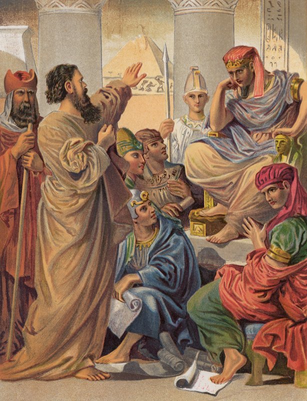 Mózes és Áron a fáraó előtt, Exodus, VII (színes litho) alkotó: English School
