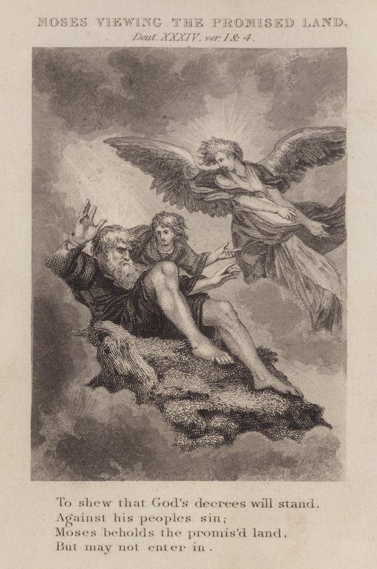 Mózes az ígéret földjét nézi, 5. Mózes XXXIV, 1. és 4. vers (metszet) alkotó: English School